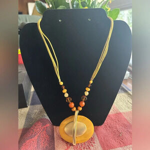 Vintage You & I Yellow Gold Beaded Necklace Costume Jewelry Large Pendant